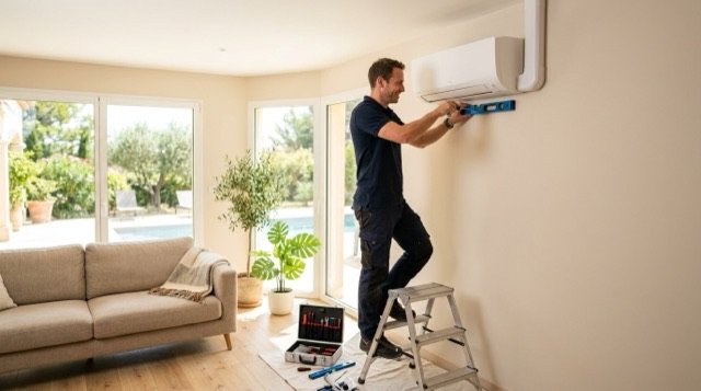 Pose d'une climatisation réversible murale dans un salon lumineux