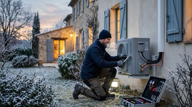 Technicien raccordant l'unité extérieure d'une pompe à chaleur en hiver